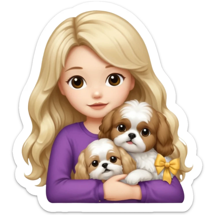 a girl with long, wavy brunette hair hugging a Shih Tzu with blonde fur and a cute bow sticker