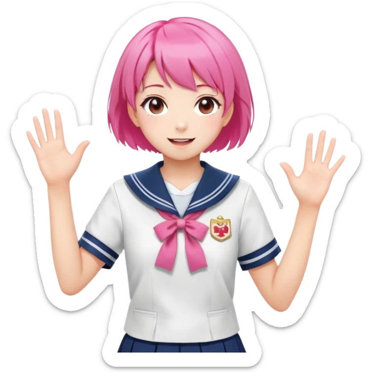 Anime girl with short bright pink hair wearing Japanese sailor style school uniform, composed posture with hand on hip but energetically waving with other hand, excited smile and happy eyes sticker