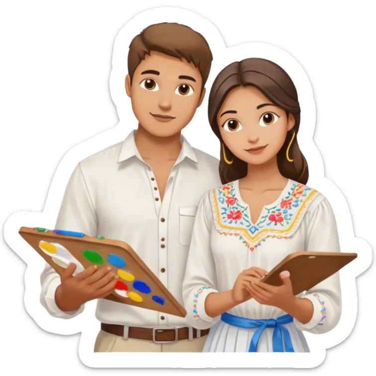 a guy in a white Ukrainian embroidered shirt and a girl in a white Ukrainian embroidered shirt, holding music and a paint palette sticker