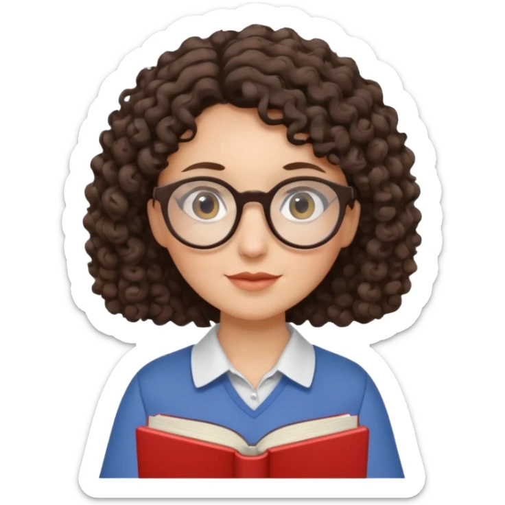 female English teacher with glasses and wearing a shirt, holding an English book. I have dark brown a little curly hair. My glasses are rather round than square shape. sticker