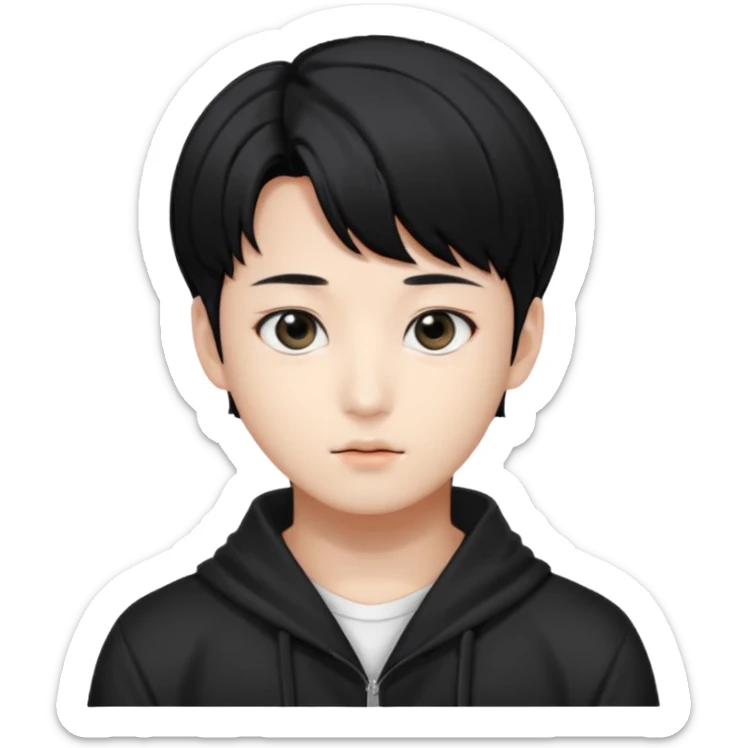 Korean boy with black hairs and black eyes, very beautifull like korean idol, and look like jungkook from bts sticker