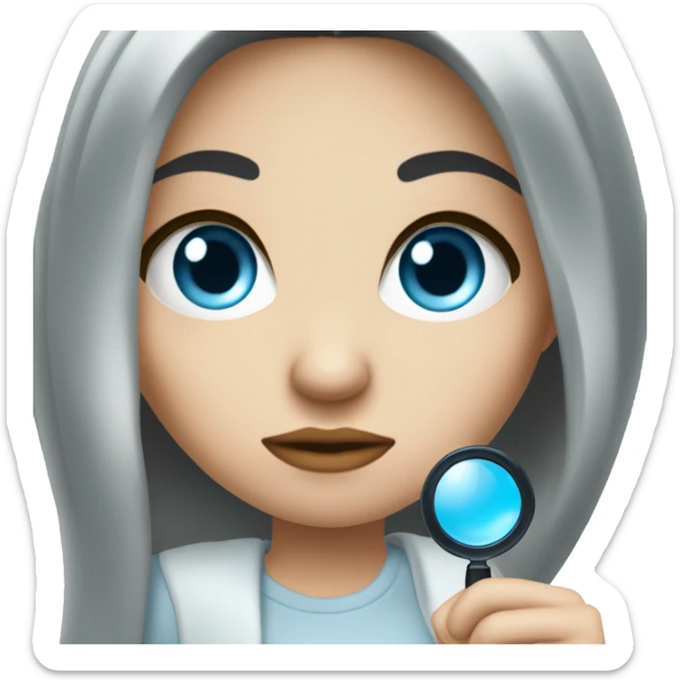white Girl with black hair and blue eyes with magnifying glass with suspicious look sticker