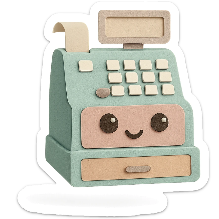 vintage cash register, full body, cute eyes, soft pastel tones sticker