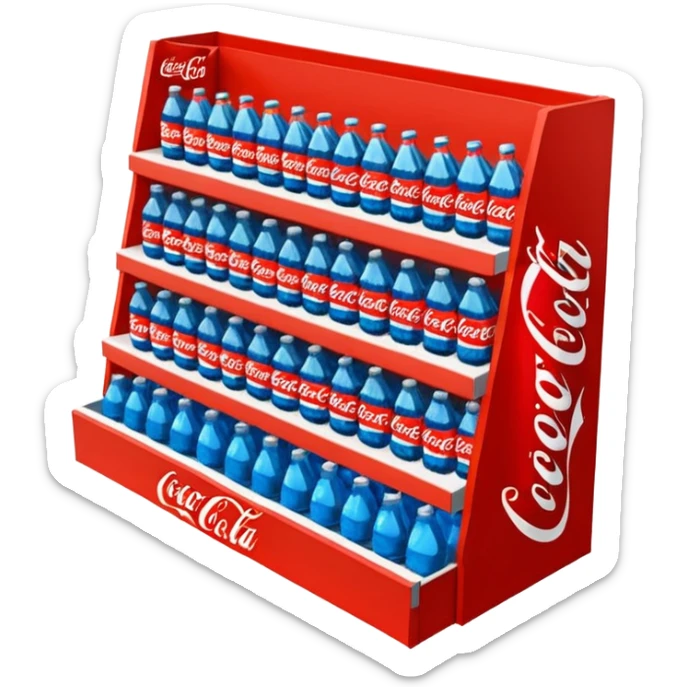 3D warehouse shelf with Coca-Cola, Pepsi, Fanta bottles and products, 
organized retail shelves, colorful product packages, store inventory, 
transparent background, emoji style, realistic, isometric view sticker