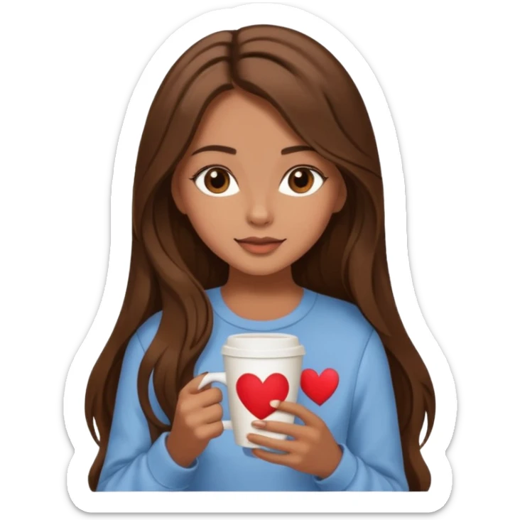 Un emoji de una chica con el pelo castaño y largo y suelto así como vestida como una that Girl y un café con dibujo de corazón y una cama aesthetic modo vida perfecta sticker
