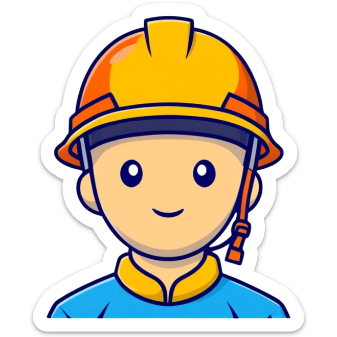 Man of Chinese appearance wearing an orange helmet with a yellow hat visible sticker