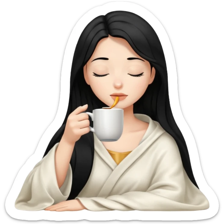 black hair girl long hair inside a white milky satin blanket sipping coffee eyes closed  sticker