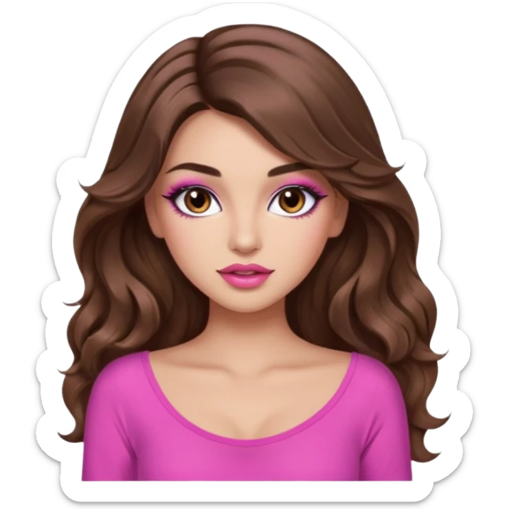 girl with long wavy brown hair, brown eyes, long lashes makeup, sexy pink lips, light to medium complexion, pink sexy top, I don't know sticker