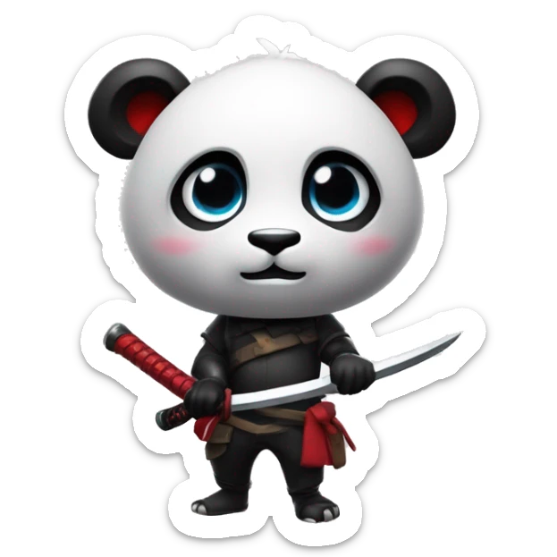 crea un emoji de un panda blanco y negro con una katana ojos rojos en fortnite epico. sticker