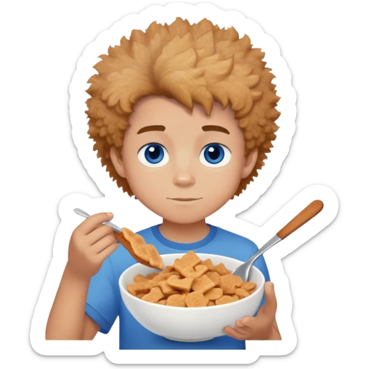 An 11 year old boy with fluffy hair low taper fade and blue eyes with a bowl of cinnamon toast crunch  sticker