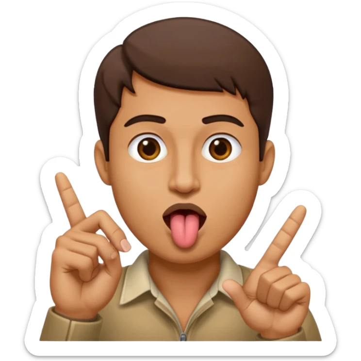 Man making v shape with fingers to mouth and tongue sticking out of mouth sticker