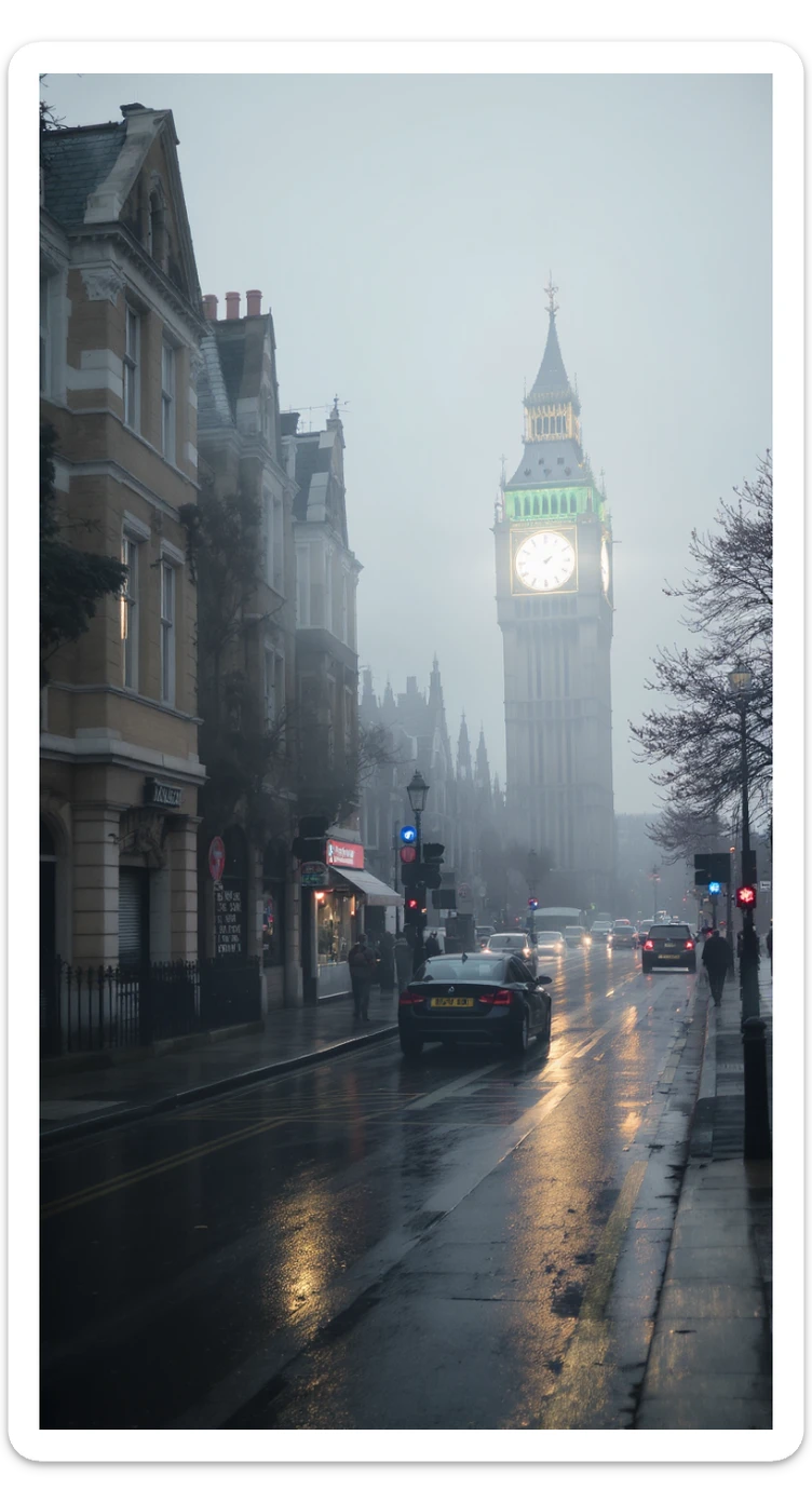 Cinematic shot of a london street, cloudy foggy day, soft light, leading lines to big ben in distance, multi composition, in foreground blurred car, on second street around UK bulding, od another plan in distance big ben, birds flying, artistic look, captured on arri alexa 35 sticker