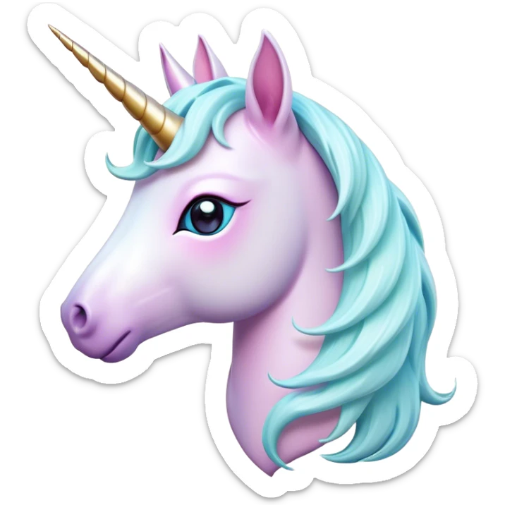 Cinematic Noble Unicorn Pony Portrait Emoji, Poised and graceful, with a delicate, miniature equine build adorned with a soft, pastel color, a tiny, shimmering horn and a silky mane that hints at magical charm, Simplified yet sharp and sophisticated features, highly detailed, glowing with a soft, enchanted glow, high shine, intelligent and spirited, stylized with an air of fairy-tale elegance, focused and poised, soft glowing outline, capturing the essence of a watchful and confident unicorn pony that appears ready to trot out of the screen with graceful magic! sticker