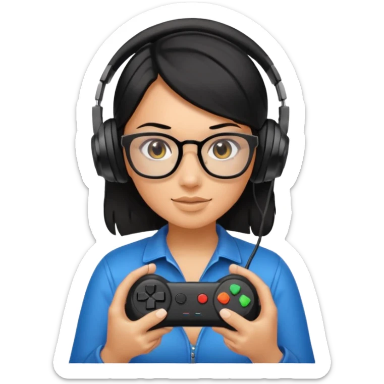 
gamer, woman shiny black hair no eyebrows with glasses, headphone, gamepad sticker