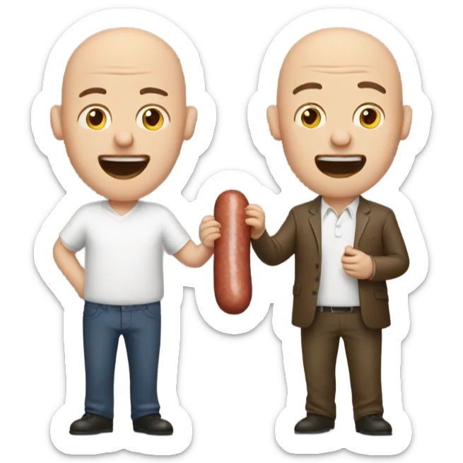 Two man eating one sausage one bald the other with brown hair sticker