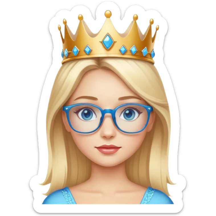 beautiful princess with blonde hair, bright blue eyes, wearing stylish glasses and a crown sticker