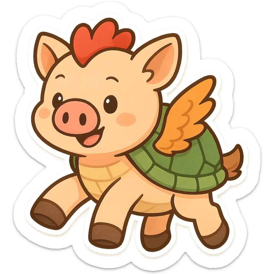 hybrid animal with a pig's snout, chicken wings, turtle shell, and horse legs, in a playful style, cartoonish, colorful, playful sticker