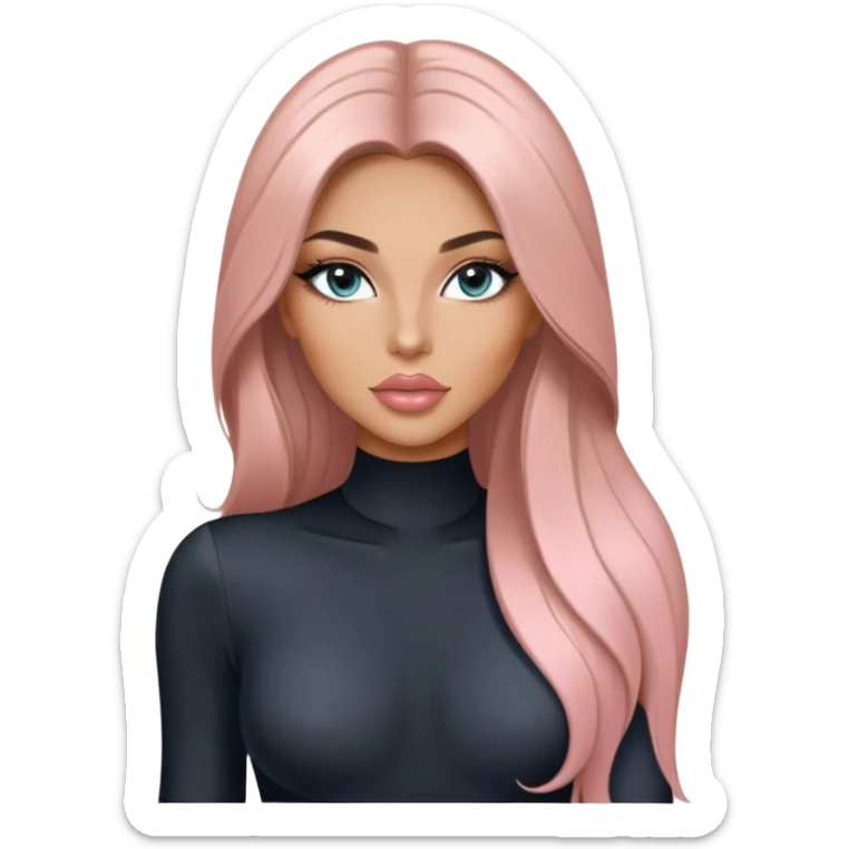 Glamours, tanned, very beautiful girl, with big pump peach-beige-rose lips, long long lashes, black straight smooth silky long hair, straight parting hair, blue-grey eyes in black long-sleeves bodysuit sticker