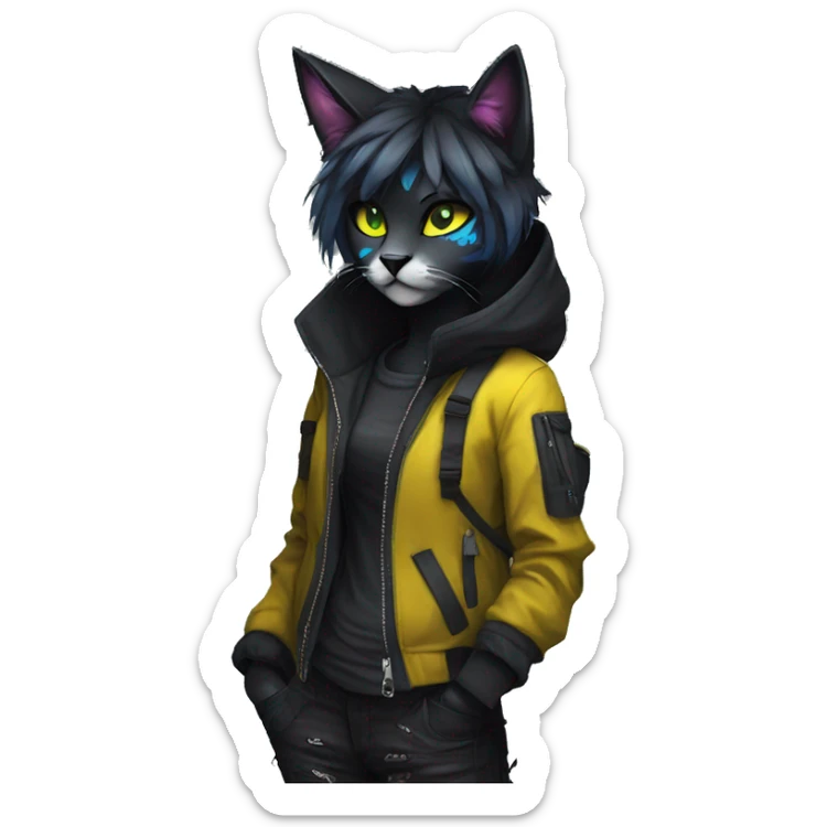 Edgy Shy Anthro cool pretty colorful dark cat-fursona techwear sticker