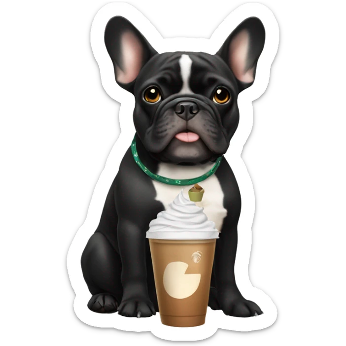 Black and tan French bulldog that is mostly black holding a Starbucks iced chai sticker