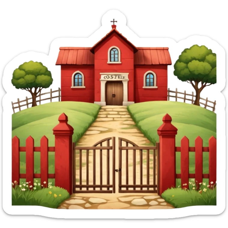 A fenced red house on a small hill with a large entrance gate bearing the inscription “Gosteli Archive,” with a farmhouse in the background. sticker