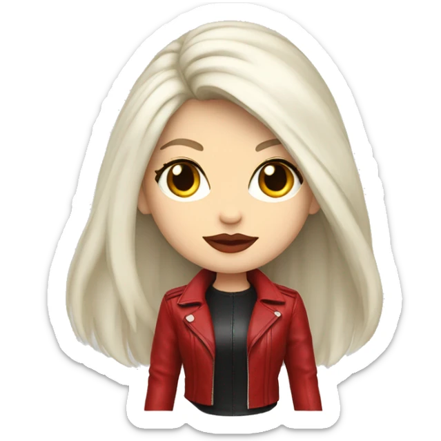 girl with long white hair, pale skin, red eyes and red lipstick in a red leather jacket sticker