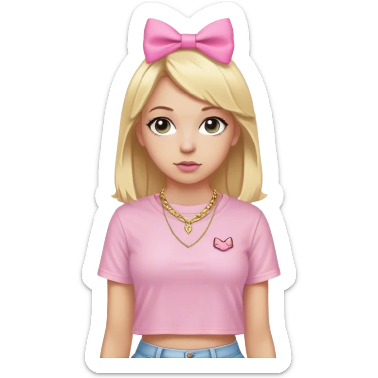 White girl with blonde hair and a pink bow wearing a nice street wear outfit (form fitting skims shirt with a dainty gold necklace) sticker