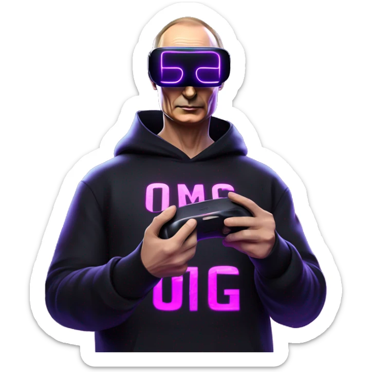 Vladimir Putin wearing a black hoodie with "OMG" letters on it and VR headset oculus quest 2 in a cyberpunk VR environment with violet neon lighting. sticker