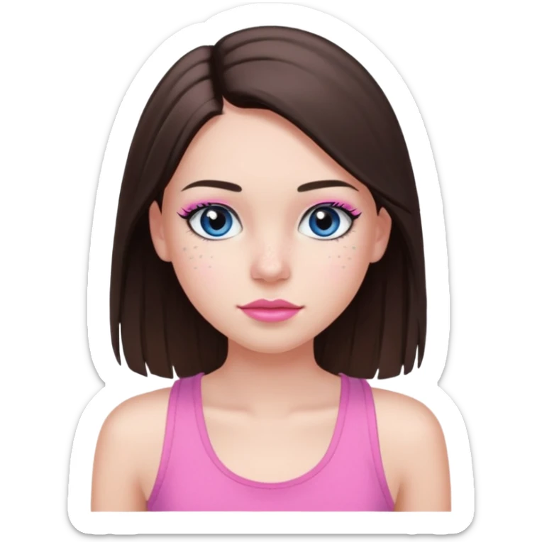 Create a teenage girl with long and straight brunette hair, light skin, light freckles, and blue-grey eyes. She will have pink lips and long black eyelashes. She will be wearing a pink tank top. sticker