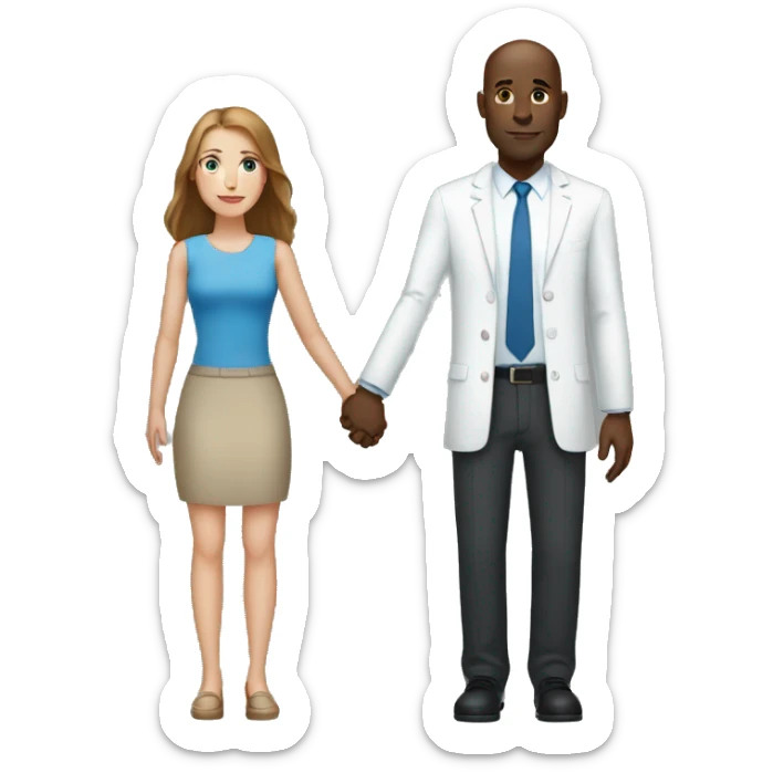 Tall bald black man holding hands with a white woman with long brown-hair and blue eyes sticker