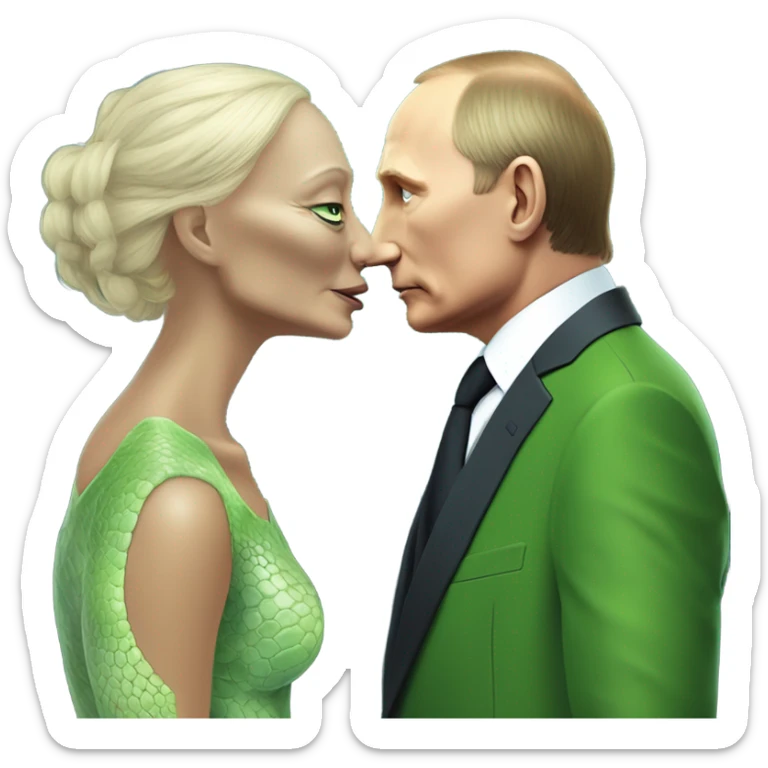 a Reptilian alien woman kissing Vladimir Putin  sticker
