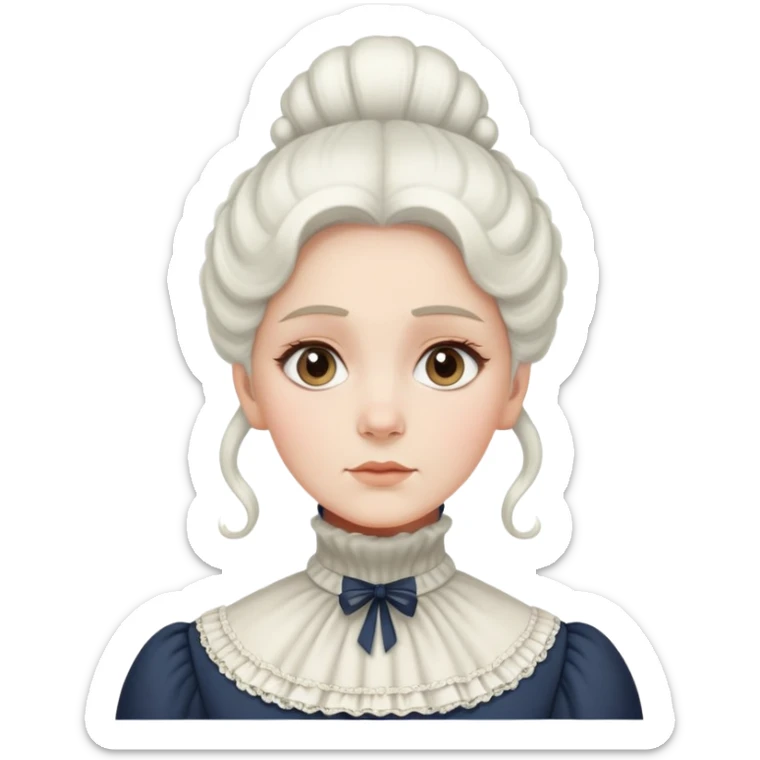 Victorian woman with white coiffed hair, modest turtleneck Victorian dress, and an awestruck expression sticker