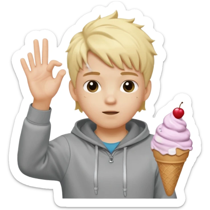 a white kid with a ice cream hairstyle blone hair with a grey hoodie and his above his hands saying 67 one 6 on 1 hand 7 on the other sticker