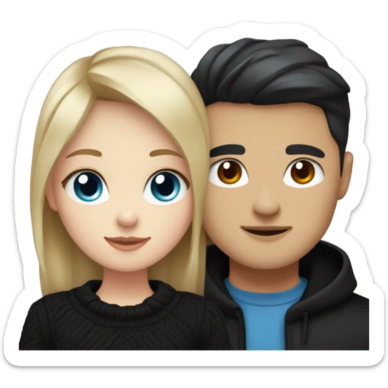 dark Blonde girl with blue eyes in black sweater and an east asian with light skin man with black hair and black eyes hugging sticker