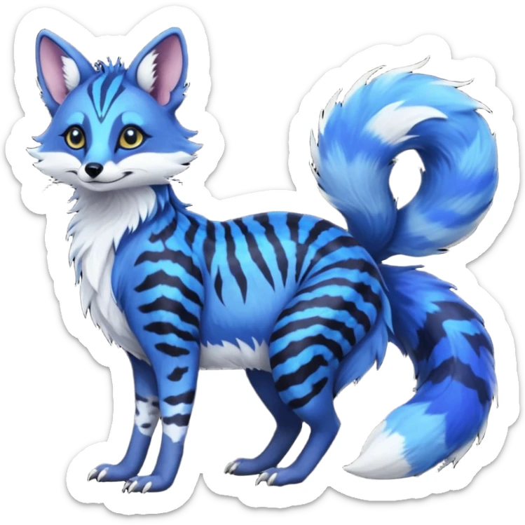 Feral chubby floofy fluffy cute soft silky furry Rare Fantasy vibrant dark shady shaded detailed deep-dark-cobalt-blue-gradients-colored colorful Vernid-Sergal-Genet-Trico-Fox-species by LiLaiRa, with dark-blackish points, white belly, random markings, tufted tail, tufted ears, full body sticker