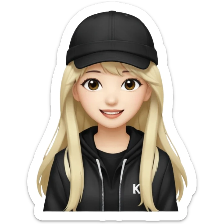 Portrait of a female K-pop idol, wearing a stylish streetwear outfit with layered clothing, long hair with bangs, makeup, wearing a black cap sticker