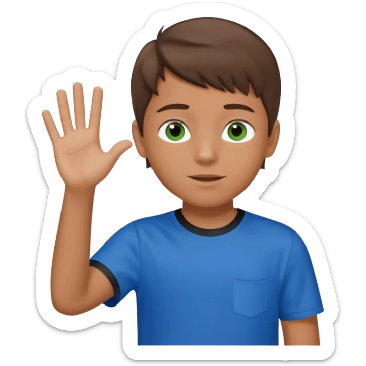 Boy 10 years old, with overgrown brown hair,with a with black and green eyes in a blue T-shirt, waves his hand sticker