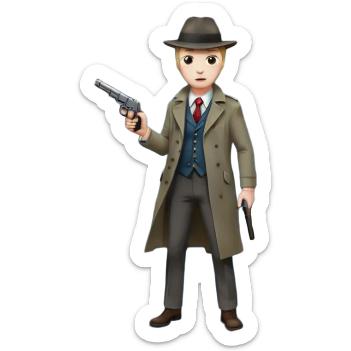 Icon for Detective Movie: Close-up of a detective holding a pistol on a dark London street, under a full moon. Bloodstains on the asphalt from a recent crime. The scene should evoke a gritty noir detective vibe with atmospheric shadows and moody lighting. Transparent background. sticker