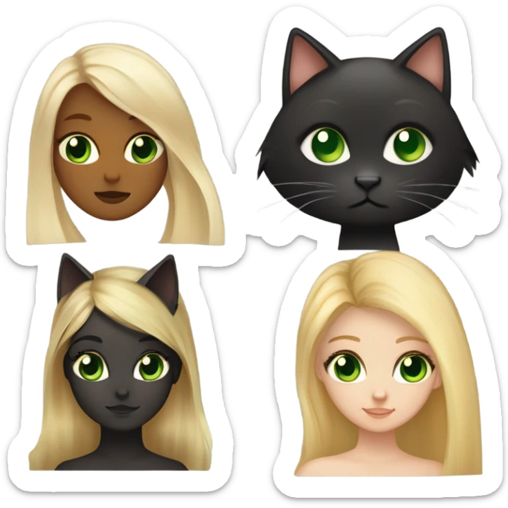 A girl with light green eyes, long blonde hair with brown roots, a black cat with green eyes on lying on her right shoulder, and a tortoiseshell cat on her left shoulder sticker
