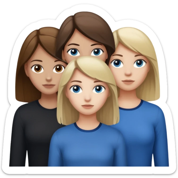 a trio of people where one girl in the back has white skin, brown hair, and brown eyes; another girl in the back has white skin, dirty blonde hair, and blue eyes; and the girl in the front has tan skin, dark brown hair and dark brown eyes. sticker