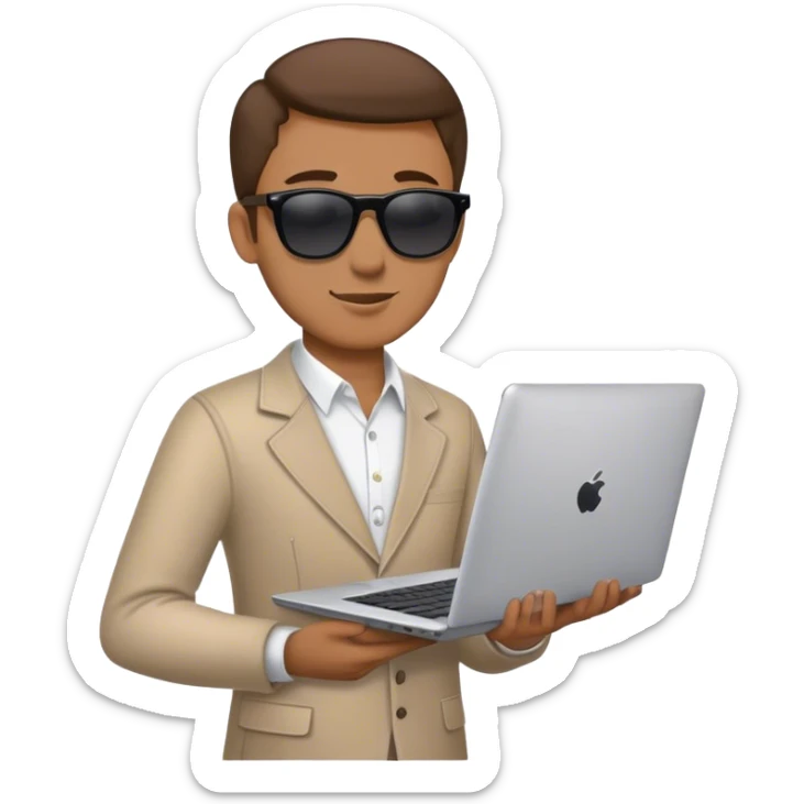 Create an emoji of a male teacher wearing sunglasses and holding a laptop. The character should have a friendly and approachable expression, with a modern, stylish appearance. The outfit should be casual yet professional, and the laptop should look sleek and simple. The design should have clean lines and a minimalistic style, conveying a cool and tech-savvy vibe. sticker