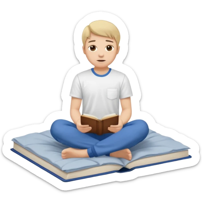 bed with a wrinkled blanket, the pillow out of place on the floor. t-shirt, pants, and an open book on the floor. sticker