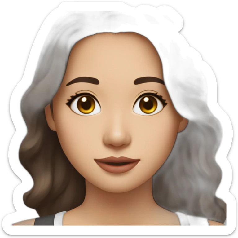 create an emoji of myself 30 year old female half asian brown hair and hazel eyes collar bone length wavy hair with a middle part with little gold earrings sticker