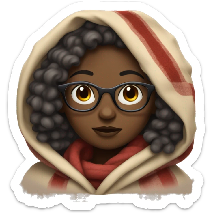 Dark skin girl with curly hair and glasses bundled up in a blanket  sticker