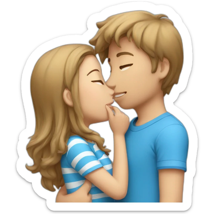 boy in blue shirt kissing a girl with blue shirt and white stripes sticker