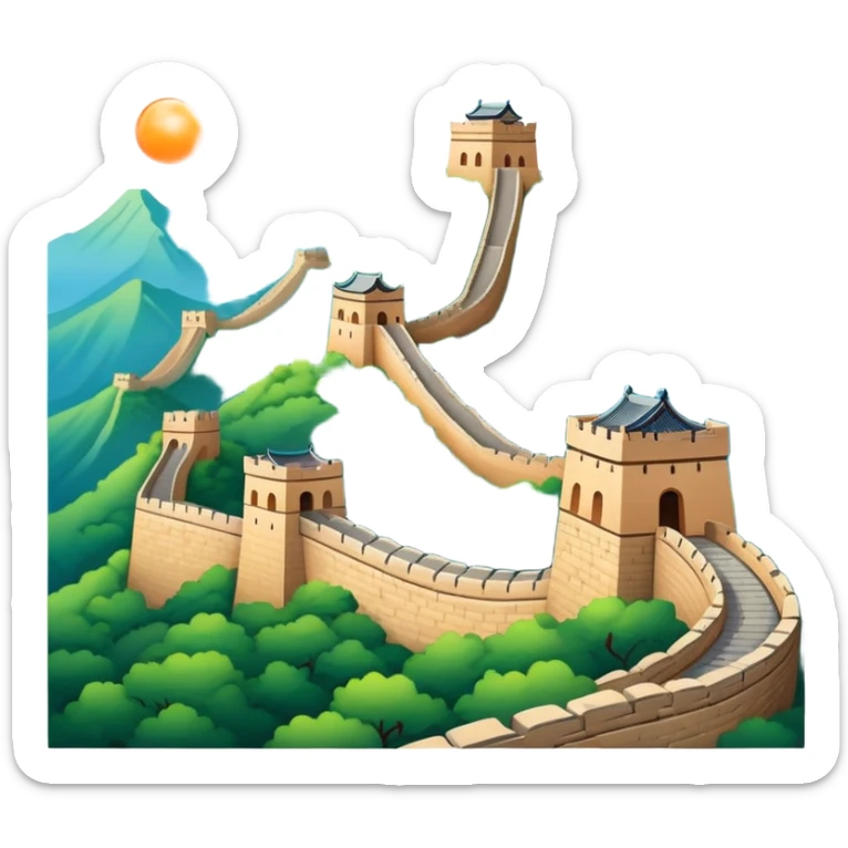 Great Wall of China, simplified emoji style with bold outlines and bright colors, cartoon style ancient wall on mountains sticker