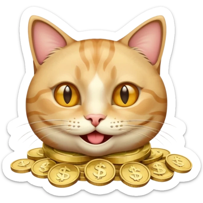 smiling cat with coins or dollar bills in its eyes, lively emoji style, mimicking cash eyes emoji sticker