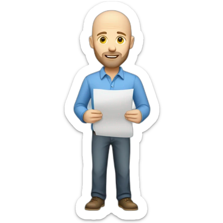 caucasian male with small beard and almost bald smart casual blue shirt holding papers sticker