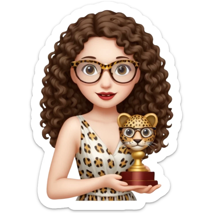 A girl with white pale skin,  full lips, brunette LONG curly hair. She is wearing a white  silk dress. She is holding an award and happy. She has a leopard print round-ish shaped glasses.  sticker
