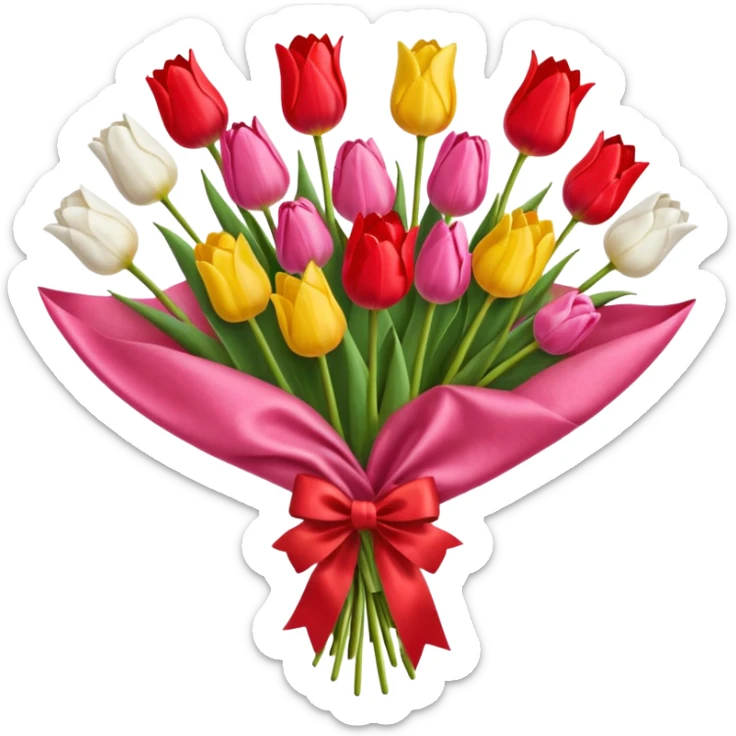 bouquet of many tulip with bow and yellow wrapping paper sticker